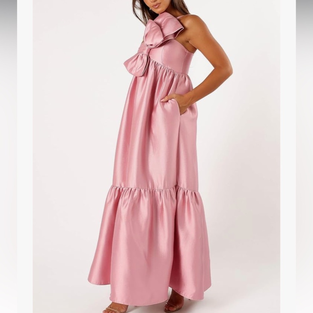 PETAL & PUP Betina Dusty Rose Pink Satin One Shoulder Bow Maxi Dress - Picture 15 of 16